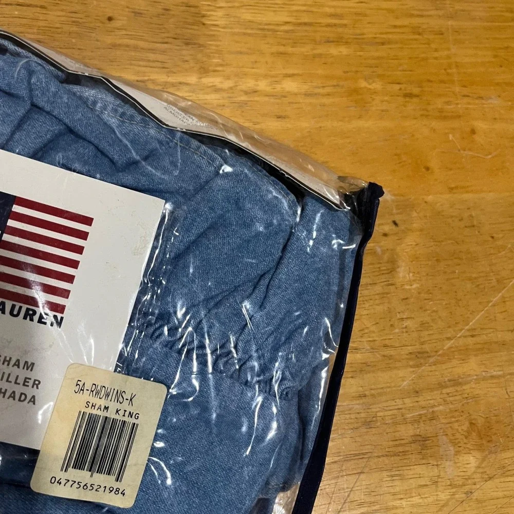 Ralph‎ Lauren Windward Ruffle Denim King Pillow Sham Blue Cotton Made in USA